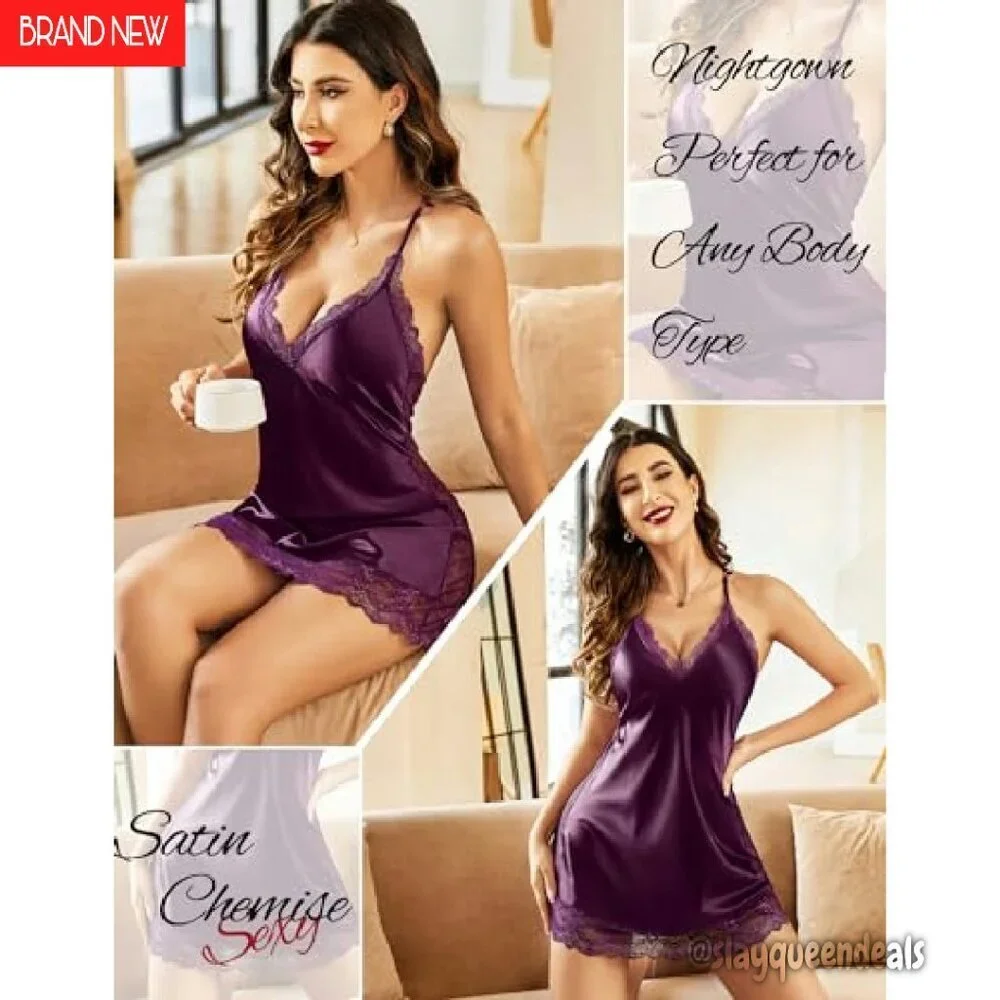 Satin Lace Chemise Nightgown Sleepwear Adjustable Straps S-4XL